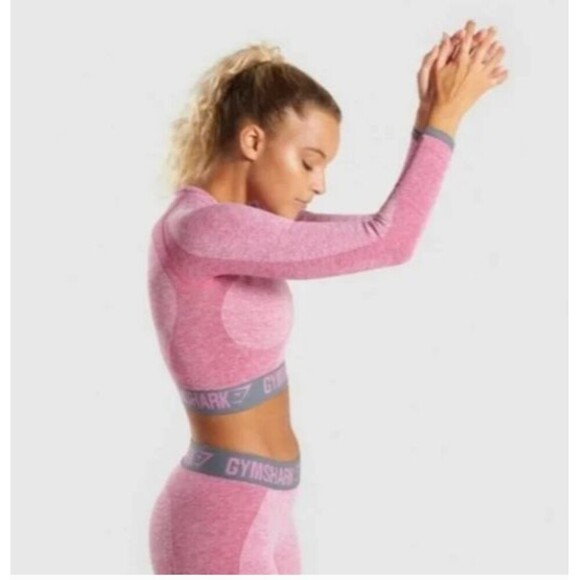 Gymshark Flex Collection Long Sleeve Crop Top - Dusky Pink Marl/Charcoal - Picture 2 of 8